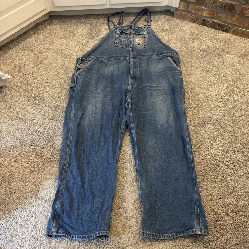 Carhartt Jeans Bib Overalls Men 48x32 FIT 48x30 Blue Relaxed Straight 104672 DST